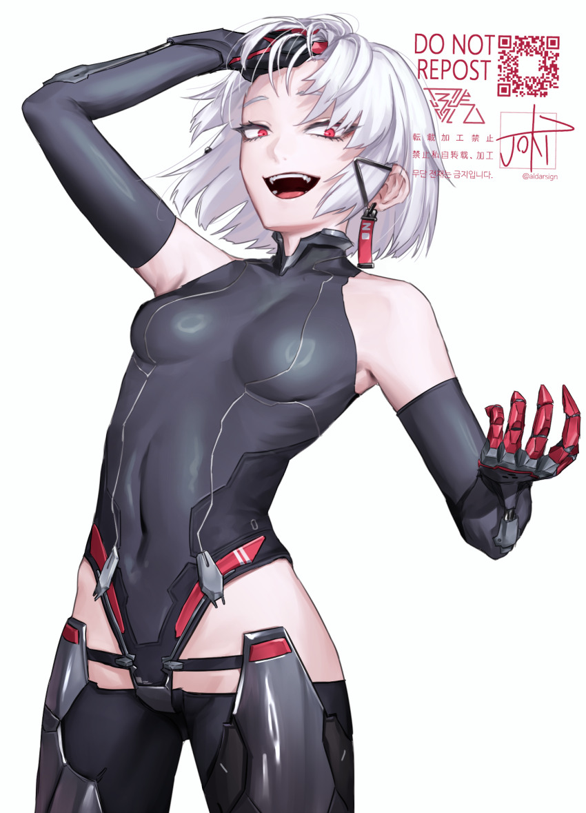 1girl, :d, armor, black_leotard, covered_navel, cowboy_shot, drake_(nikke), earrings