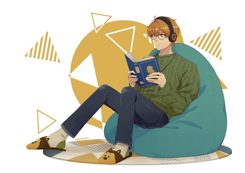 1boy, animal_slippers, aran_sweater, bean_bag_chair, black-framed_eyewear, black_pants, book, brown_hair, brown_slippers, cable_knit, closed_mouth, commentary, denim, dog_slippers, english_commentary, glasses, green_sweater, grey_socks, hair_between_eyes, headphones, highres, holding, holding_book, jeans, knees_up, long_sleeves, luke_pearce_(tears_of_themis), male_focus, meongadnin, open_book, pants, puffy_long_sleeves, puffy_sleeves, red_eyes, sitting, slippers, smile, socks, solo, striped, sweater, tears_of_themis, thick_eyebrows, white_background