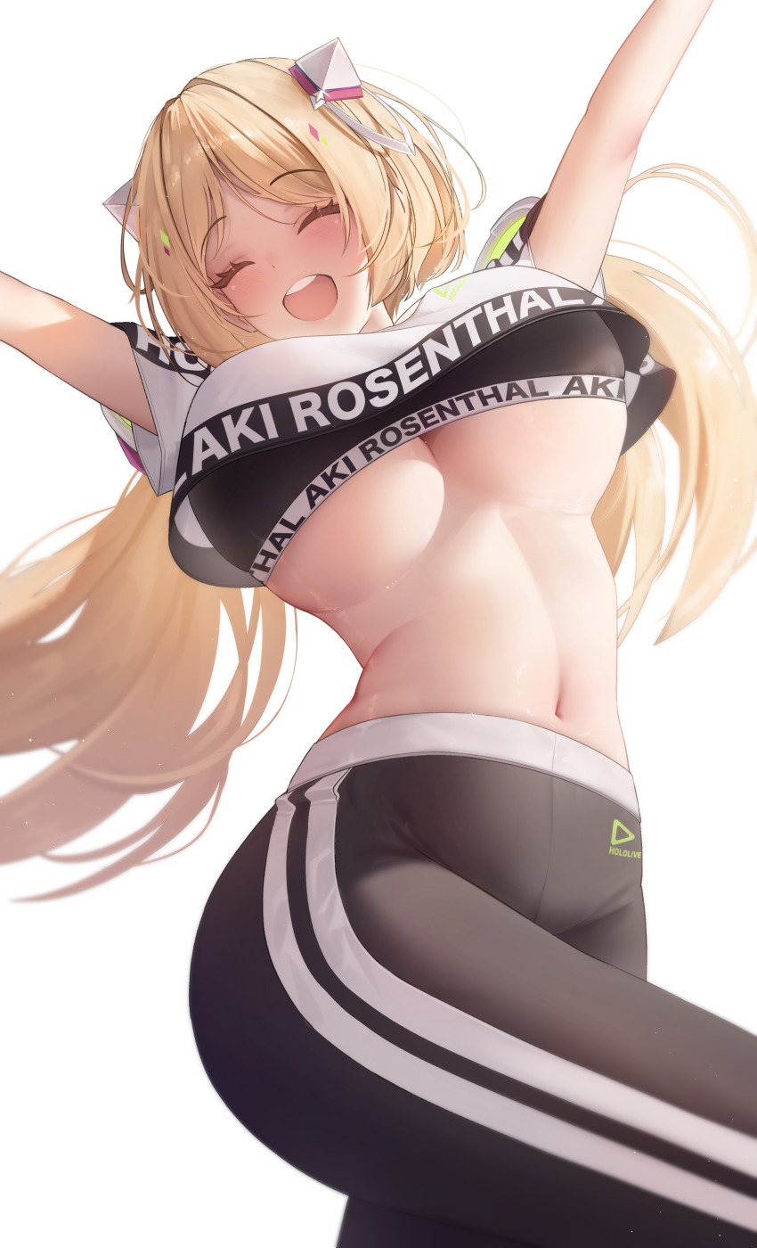 1girl, absurdres, aki_rosenthal, arms_under_breasts, blonde_hair, blue_sports_bra, blush, bracelet, breasts, closed_eyes, cowboy_shot, crop_top, from_below, highres, hololive, hololive_dance_practice_uniform, jewelry, large_breasts, long_hair, midriff, navel, official_alternate_costume, open_mouth, pants, pasties, prab, simple_background, smile, solo, sports_bra, sports_bra_peek, track_pants, twintails, underboob, undersized_clothes, virtual_youtuber, white_background