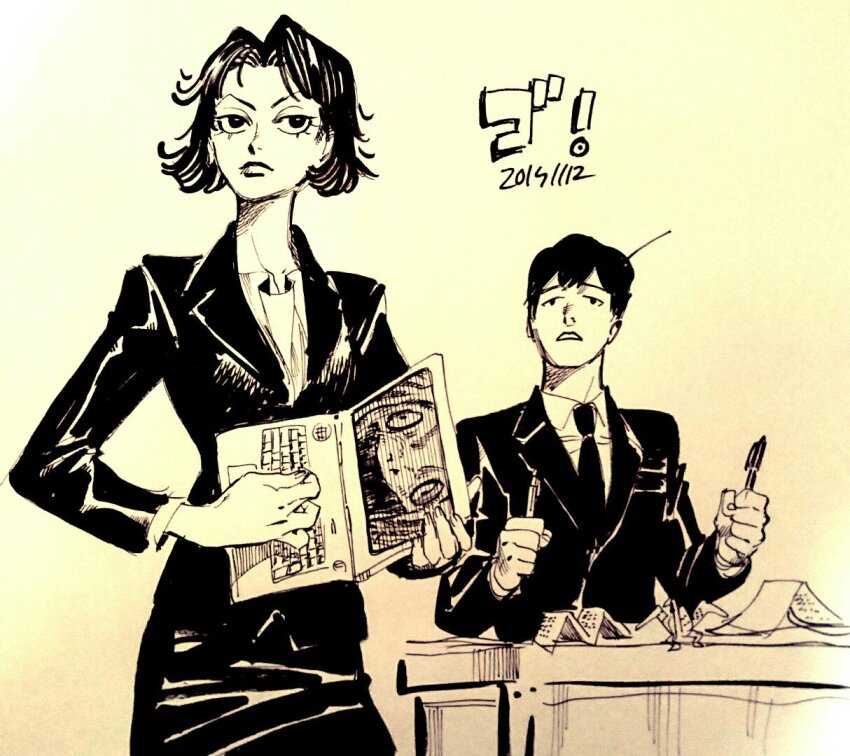 1boy, 1girl, commentary, computer, cowboy_shot, eyelashes, formal_clothes, godzilla_(series)