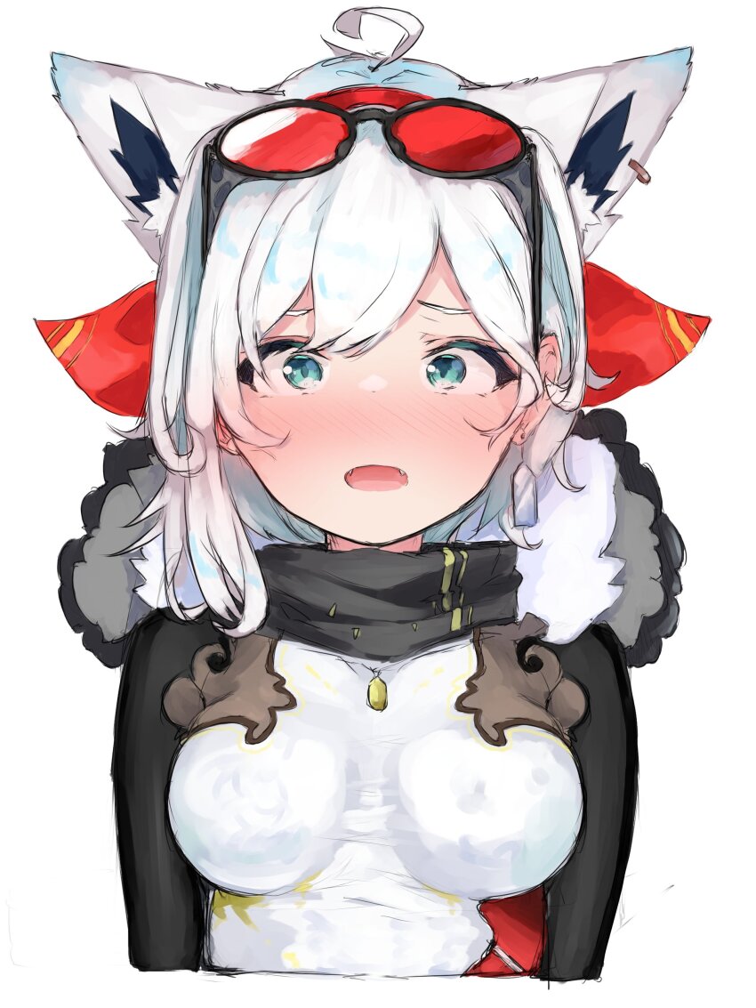 1girl, absurdres, ahoge, animal_ear_fluff, animal_ear_piercing, animal_ears, aqua_eyes, blush, cosplay, double-parted_bangs, dress, earrings, embarrassed, fang, fox_ears, highres, hololive, hololive_indonesia, impossible_clothes, impossible_dress, jewelry, kaela_kovalskia, kaela_kovalskia_(1st_costume), kaela_kovalskia_(cosplay), long_hair, long_sleeves, looking_at_viewer, open_mouth, shirakami_fubuki, single_earring, solo, suzu_coconatu, taut_clothes, taut_dress, turtleneck, virtual_youtuber, white_dress, white_hair