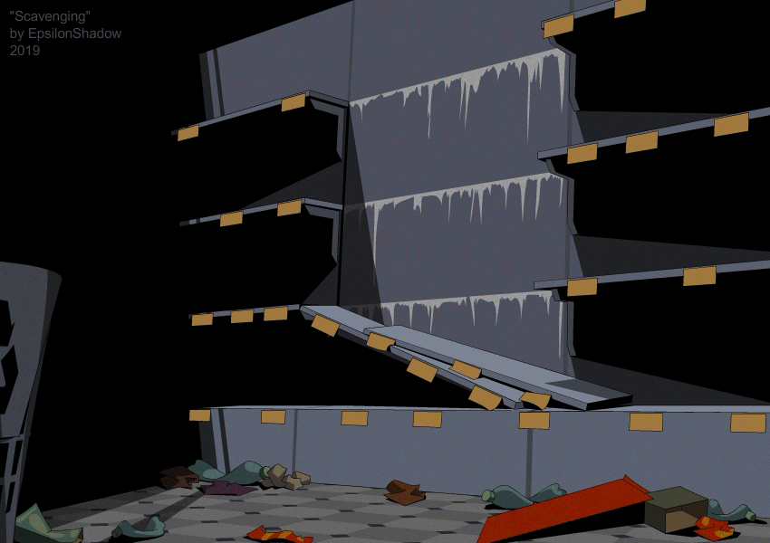 2019, animated, animated_gif, artist_name, backpack, bag, bottle, box, breasts, candy, candy_bar, colored_skin, dated, eating, empty_bottle, epsilonshadow, food, ghost_print, glasses, gloves, helmet, holding, holding_candy, holding_food, holding_weapon, long_sleeves, monster_girl, original, pause_button, pink_eyes, polearm, recording, rewind_button, shelf, shirt, shirt_under_shirt, small_breasts, spear, standing, static, tentacle_girl, tentacles, trash_can, walking, weapon, white_hair, white_skin