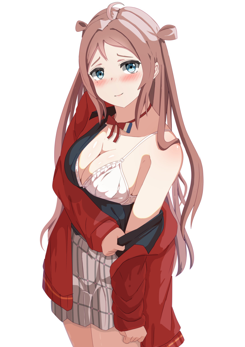 1girl, absurdres, ahoge, black_shirt, blue_eyes, blush, bra, breasts