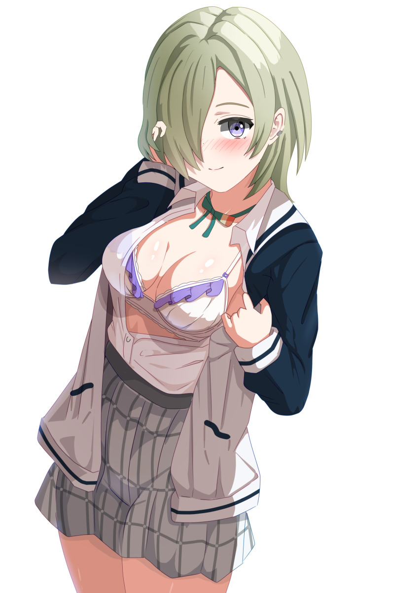 1girl, absurdres, blonde_hair, blush, bra, collared_shirt, dress_shirt, grey_skirt