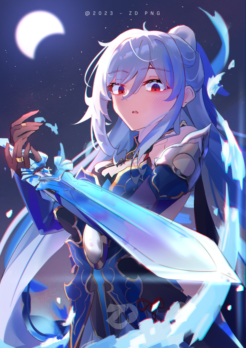 1girl, absurdres, armor, bare_shoulders, blue_armor, blue_fire, blue_sleeves, crescent