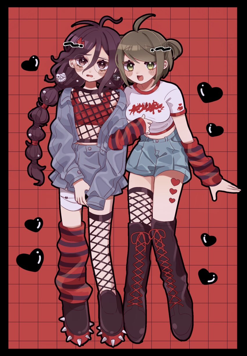 2girls, :d, ahoge, alternate_costume, alternate_hairstyle, ameko53133, arm_warmers, bandaged_leg