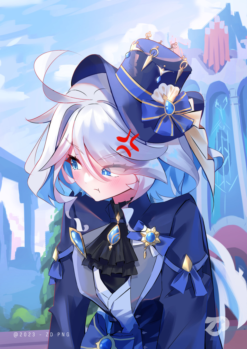:t, absurdres, anger_vein, blue_bow, blue_eyes, blue_gem, blue_headwear, blue_jacket, blue_ribbon, blush, bow, colored_inner_hair, furina_(genshin_impact), gem, genshin_impact, gold_trim, hair_between_eyes, hair_ornament, hair_stick, heterochromia, highres, jacket, long_hair, low_twintails, medallion, multicolored_hair, pout, ribbon, slouching, twintails, undershirt, vest, water_drop, white_hair, white_vest, zull