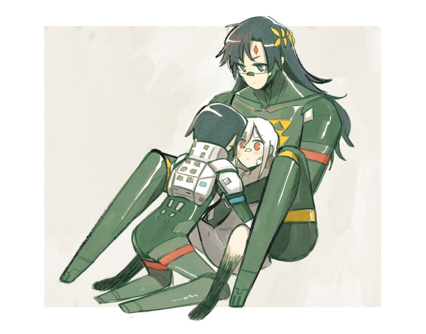 3girls, android, ange_(angeban93), ariane_yeong, armor, bandages, bandaid, bandaid_on_cheek