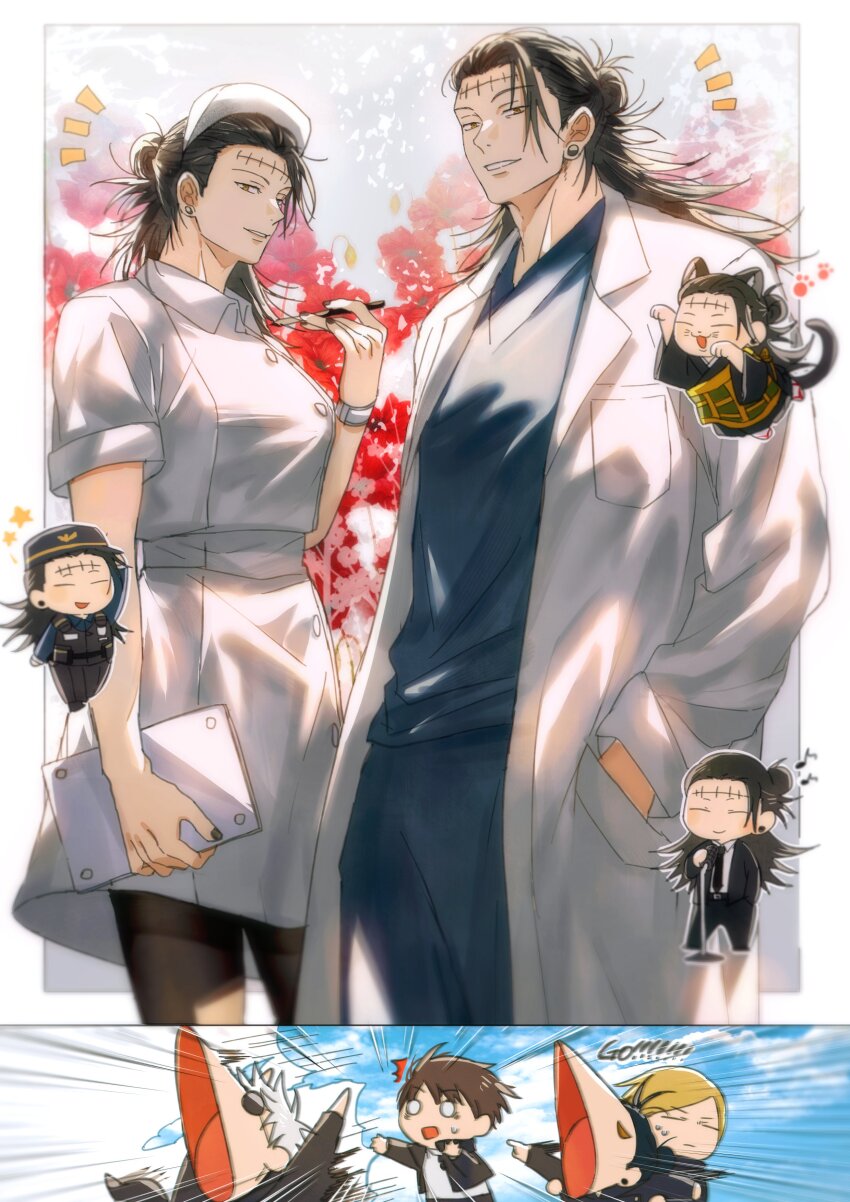 1girl, 5boys, absurdres, black_hair, black_jacket, black_kimono, black_necktie, black_pants