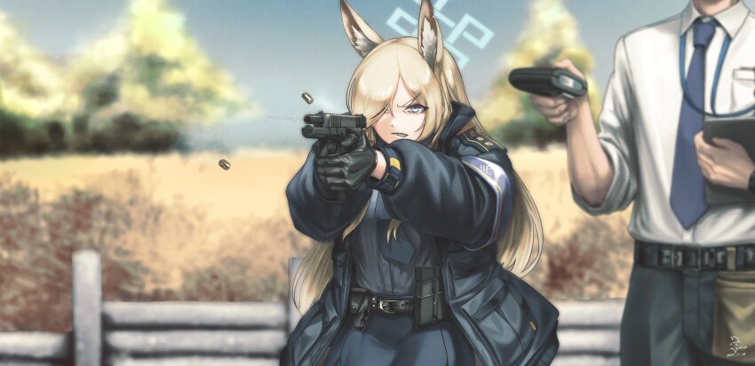 1boy, 1girl, 1other, absurdres, aiming, ambiguous_gender, ammunition_pouch, animal_ears