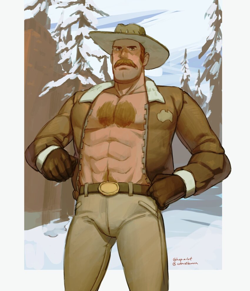 1boy, abs, bara, bare_pectorals, belt, belt_buckle, brown_belt, brown_gloves