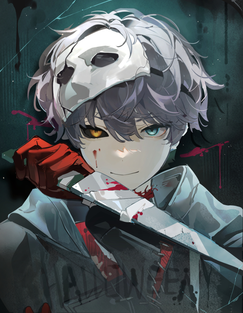 1boy, black_sclera, blood, blood_on_face, blood_on_wall, bloody_weapon, blue_eyes, closed_mouth