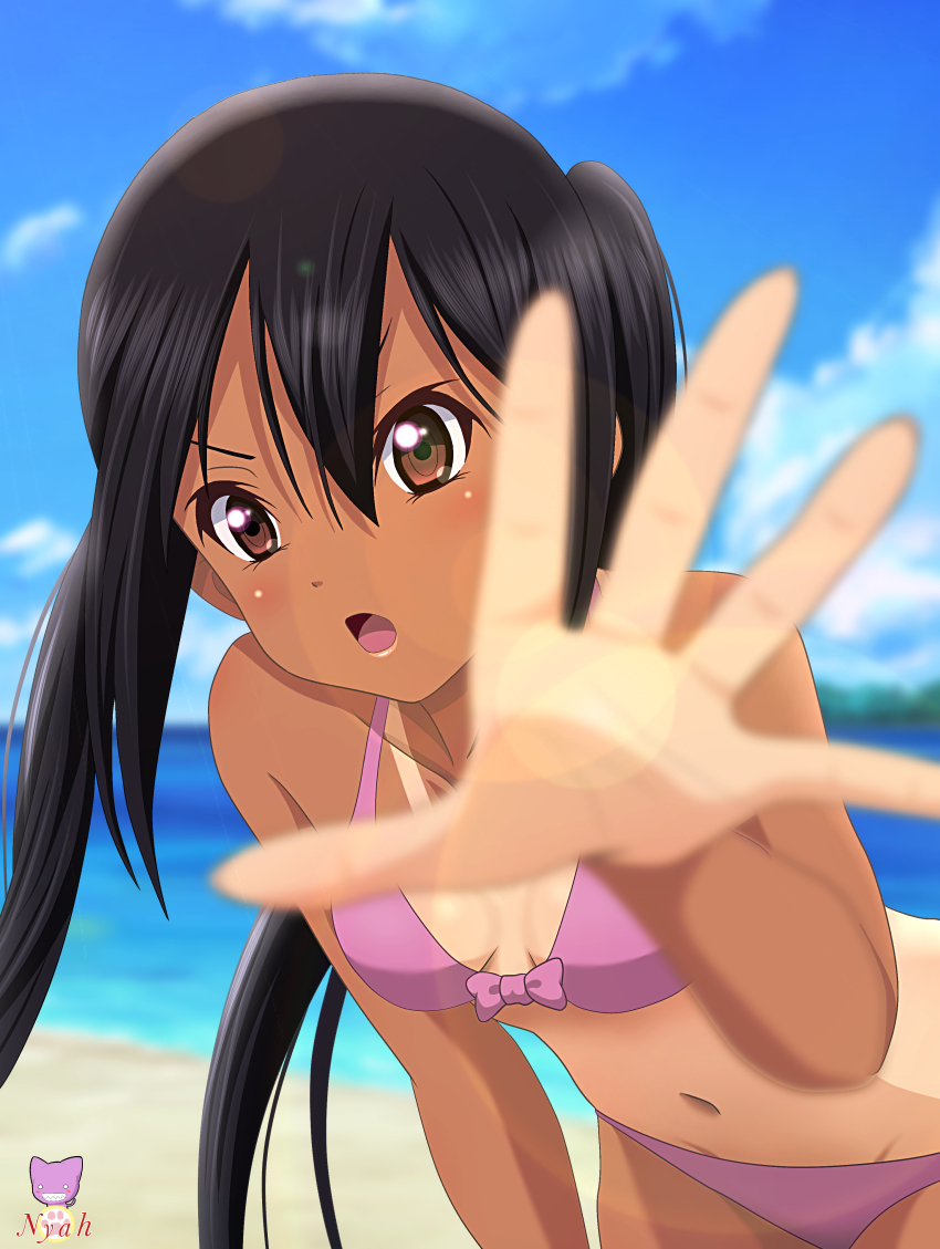 1girl, absurdres, artist_name, bare_shoulders, beach, bikini, black_hair, blurry