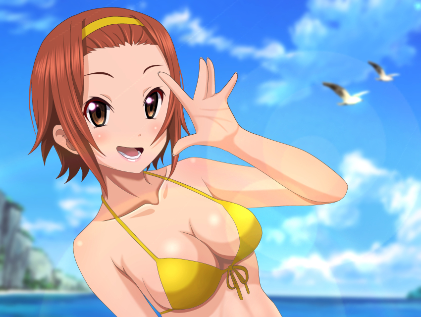 1girl, absurdres, animal, arm_up, bare_shoulders, beach, bikini, bird