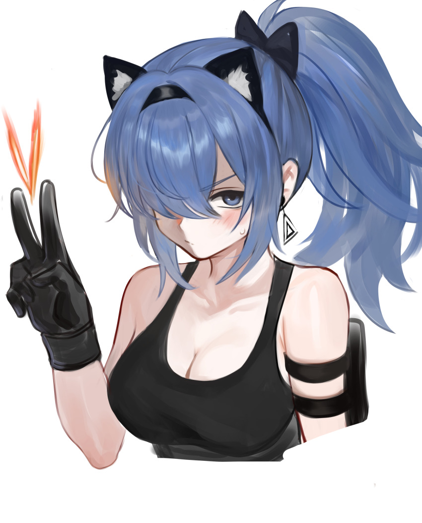 1girl, absurdres, animal_ear_headwear, animal_ears, arm_holster, black_gloves, black_hairband, black_sports_bra