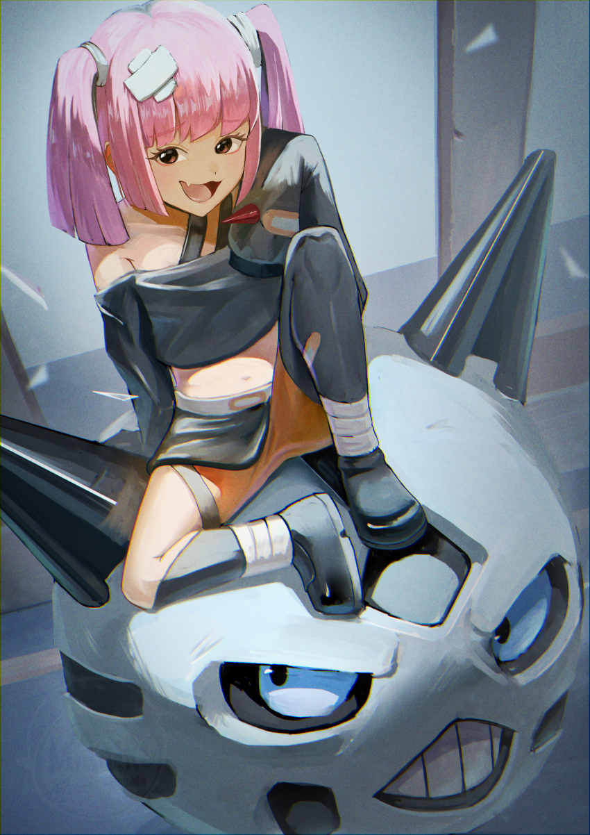 1girl, absurdres, asymmetrical_legwear, bandage_on_hair, bandaid, bandaid_on_leg, black_footwear, black_shirt, black_skirt, blue_eyes, brown_eyes, coral_(pokemon), eyelashes, fang, gen_3_pokemon, gen_4_pokemon, glalie, grin, highres, long_sleeves, magurosamm, midriff, nintendo, open_mouth, orange_shorts, pink_hair, pokemon, pokemon_(anime), pokemon_(creature), pokemon_horizons, shirt, shorts, sitting, skin_fang, skirt, sleeves_past_fingers, sleeves_past_wrists, smile, twintails