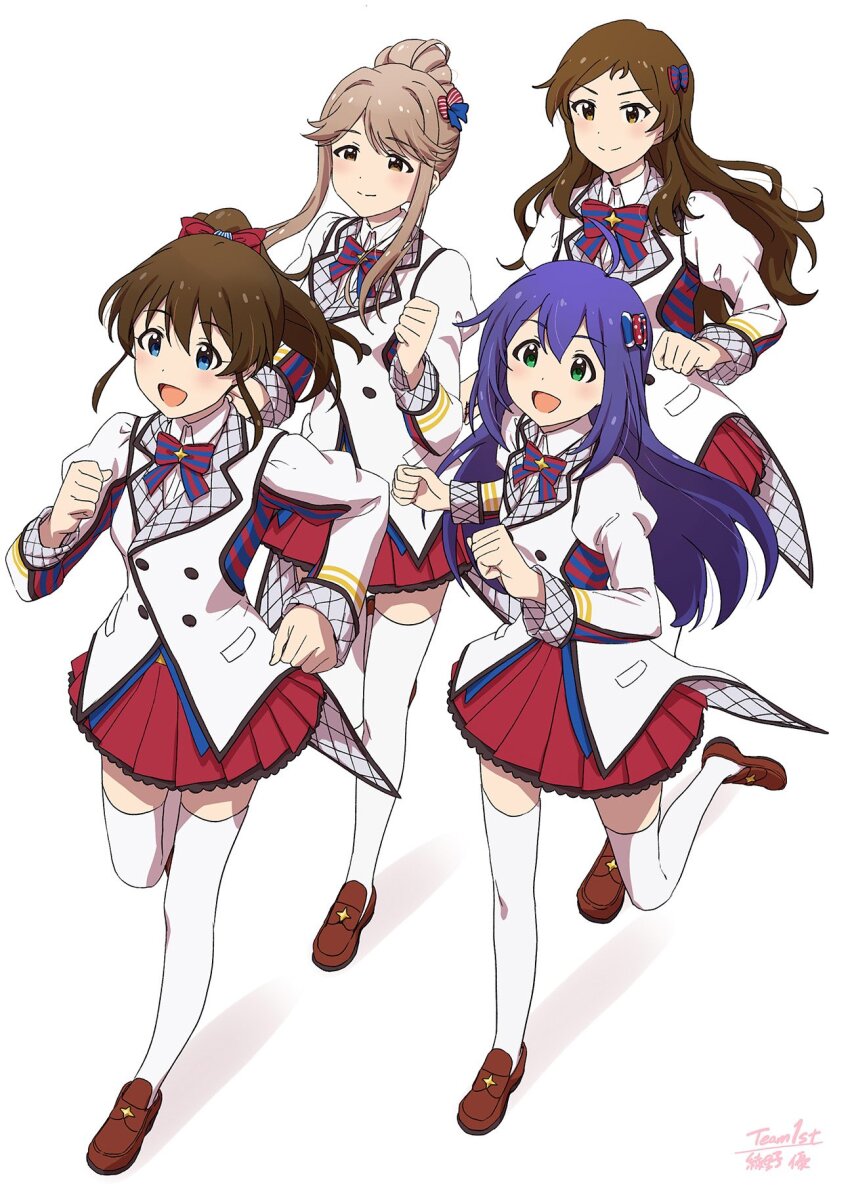 4girls, :d, artist_name, ayano_yuu_(sonma_1426), blazer, blue_bow, blue_bowtie, blue_eyes