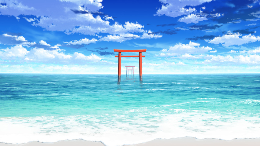 beach, blue_sky, cloud, day, game_cg, ginka_(visual_novel), kuro-kun_(nablack), multiple_torii, no_humans, ocean, official_art, outdoors, scenery, sky, torii