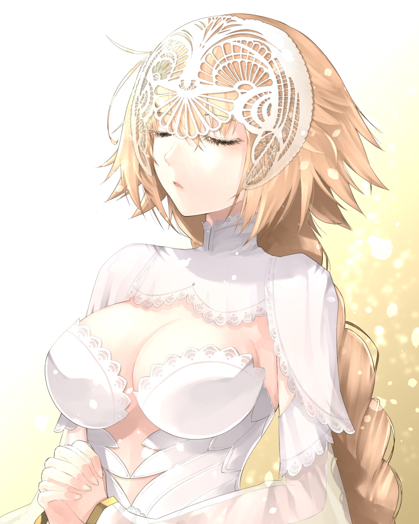 1girl, alternate_costume, blonde_hair, braid, breasts, closed_eyes, dress, fate/grand_order