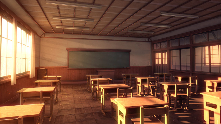 ceiling_light, chair, chalkboard, classroom, curtains, desk, door, dusk