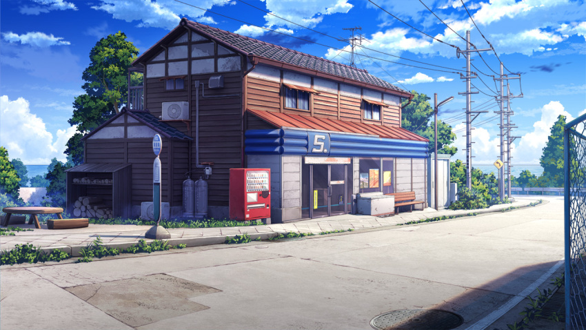 bench, building, bus_stop_sign, chain-link_fence, cloud, day, fence, firewood