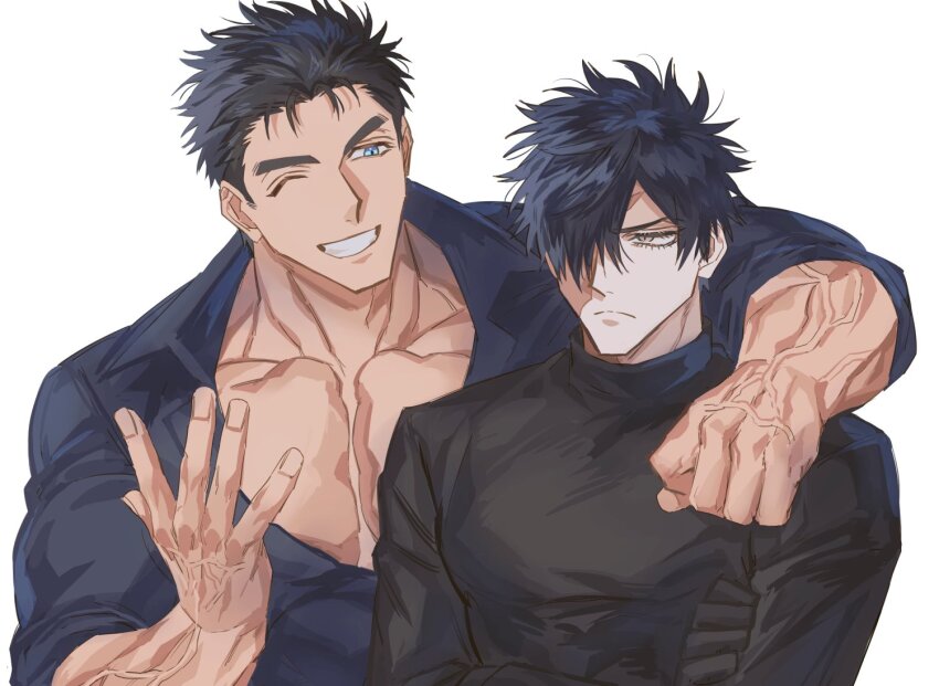 2boys, arm_around_neck, bara, black_gloves, black_hair, black_sweater, blue_eyes, blue_shirt