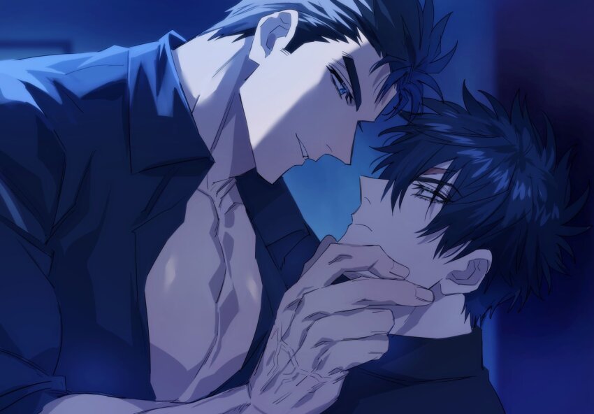 2boys, bara, black_hair, black_sweater, blue_eyes, blue_shirt, burn_scar, closed_mouth