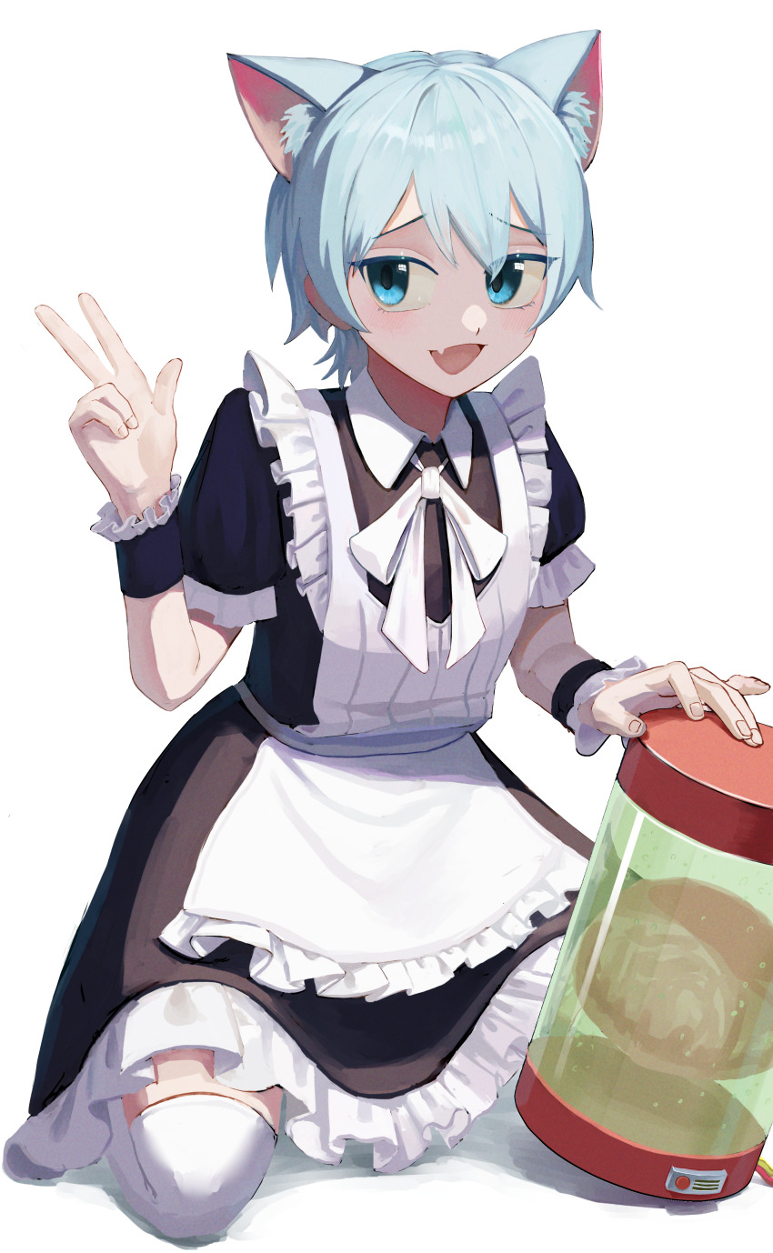 1girl, absurdres, animal_ear_fluff, animal_ears, apron, black_dress, blue_eyes, cat_ears