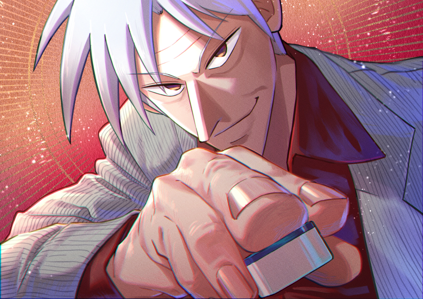 1boy, absurdres, akagi_shigeru, blazer, brown_eyes, closed_mouth, commentary_request, dutch_angle, fingernails, fukumoto_mahjong, highres, holding, holding_mahjong_tile, jacket, looking_at_viewer, mahjong, mahjong_tile, male_focus, old, old_man, pointy_nose, red_background, short_hair, smile, solo, striped_clothes, striped_jacket, sunburst, sunburst_background, tachihiro1000, ten_(manga), upper_body, white_hair, white_jacket