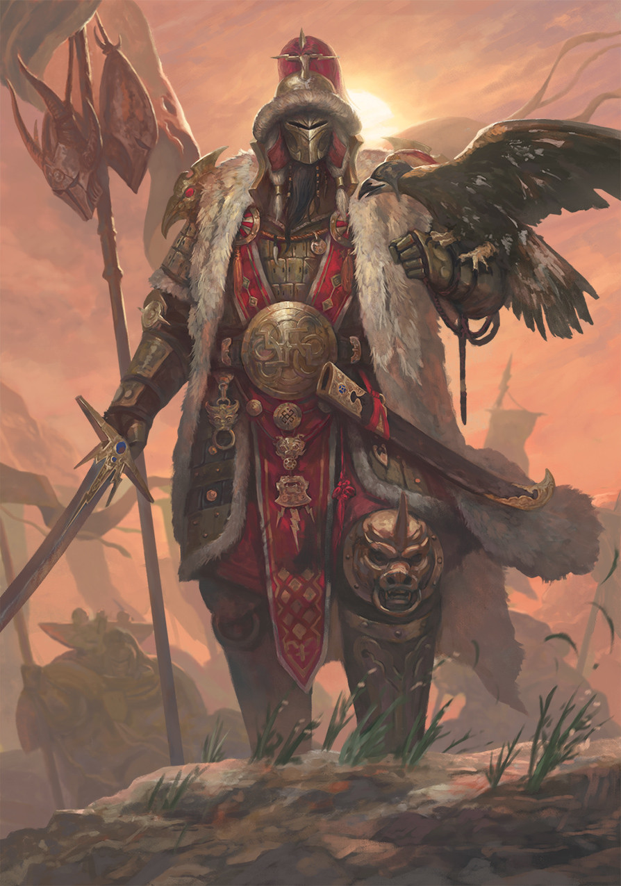 adeptus_astartes, ancient_mongolian_armor, animal, armor, banner, beard, belt_buckle, bird