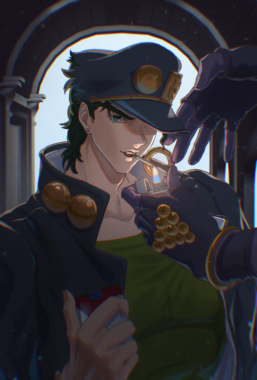 1boy, absurdres, arch, black_hair, bracelet, chromatic_aberration, cigarette_pack, commentary_request