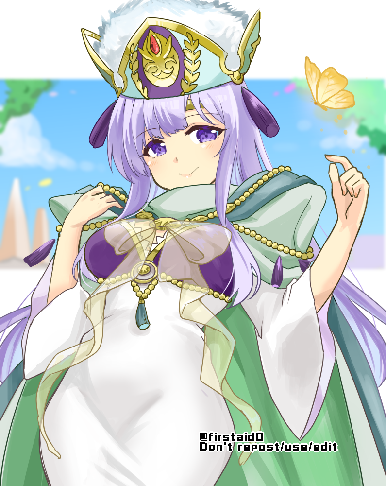 1girl, arm_up, breasts, bug, butterfly, cape, circlet, dress