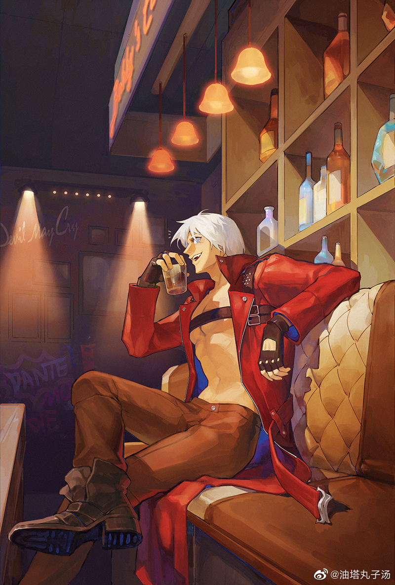 1boy, alcohol, belt_bra, blue_eyes, coat, dante_(devil_may_cry), devil_may_cry, devil_may_cry_(series)