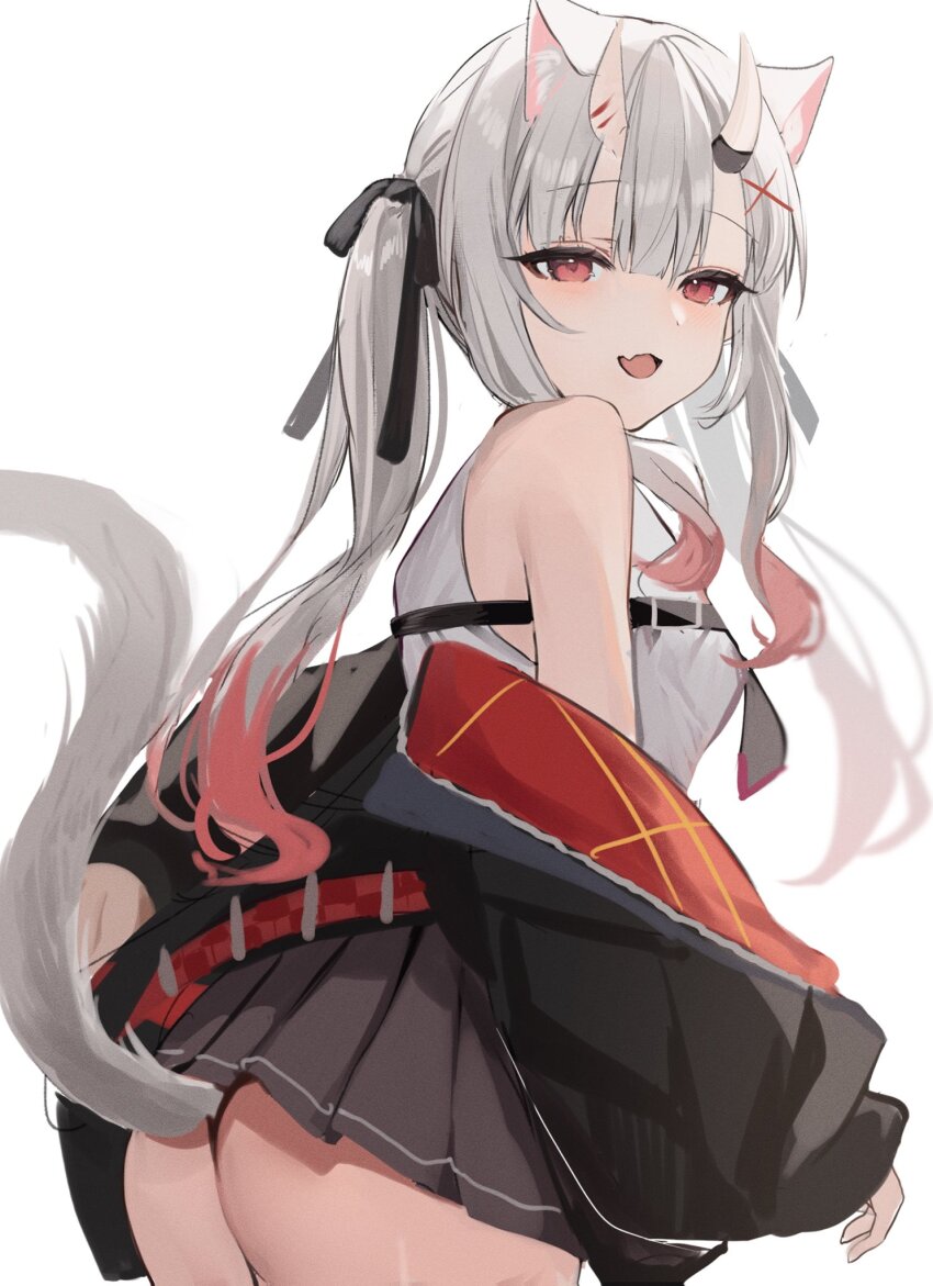 1girl, animal_ears, ass, bare_shoulders, black_necktie, black_skirt, cat_ears, cat_tail