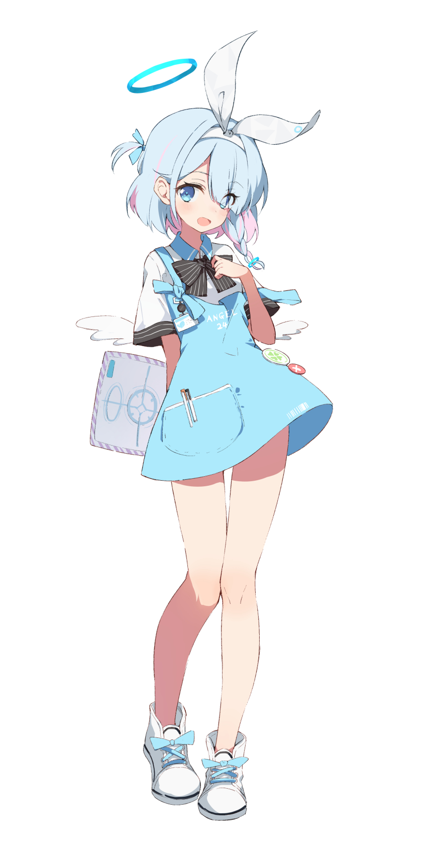 1girl, absurdres, apron, arona_(blue_archive), badge, black_bow, blue_apron, blue_archive