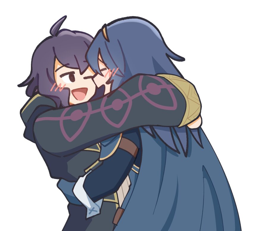 ahoge, black_hair, blue_hair, blush, cape, coat, commission, commissioner_upload, eyes_of_grima, fire_emblem, fire_emblem_awakening, happy, highres, hug, lucina_(fire_emblem), female_morgan_(fire_emblem), namelessakikaze, nintendo, smile, yuri