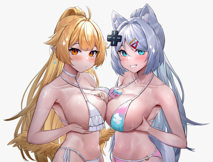 2girls, animal_ear_fluff, animal_ears, antenna_hair, between_breasts, bikini, blonde_hair, blue_bikini