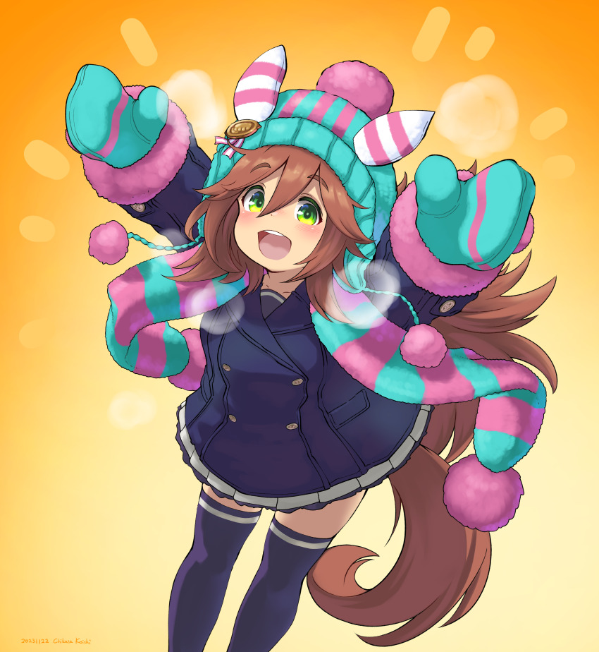 1girl, absurdres, animal_ears, arms_up, beanie, green_eyes, hair_between_eyes, hair_ornament