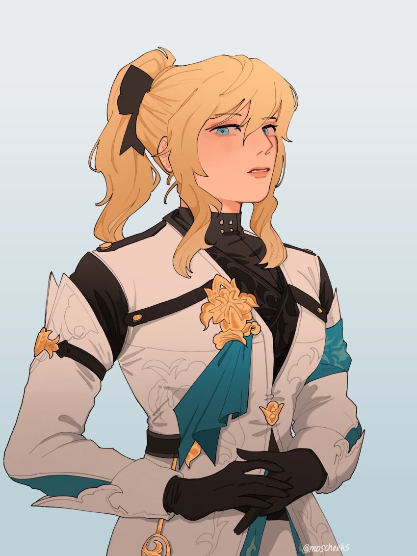 1girl, androgynous, black_gloves, blonde_hair, blue_eyes, blush, commentary, cosplay, english_commentary, genshin_impact, gloves, high_ponytail, highres, jean_(genshin_impact), long_sleeves, looking_at_viewer, luocha_(honkai:_star_rail), luocha_(honkai:_star_rail)_(cosplay), moscheeks, parted_lips, ponytail, simple_background, solo, upper_body, white_sleeves