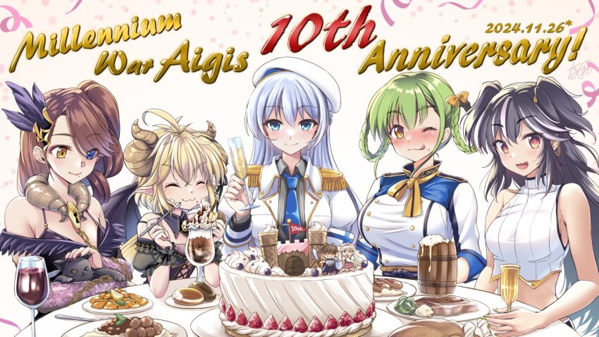 >:), 5girls, :3, :d, ;q, ^_^, ahoge, alcohol