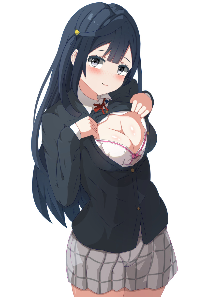 1girl, absurdres, black_hair, black_jacket, blazer, bra, breasts, cleavage