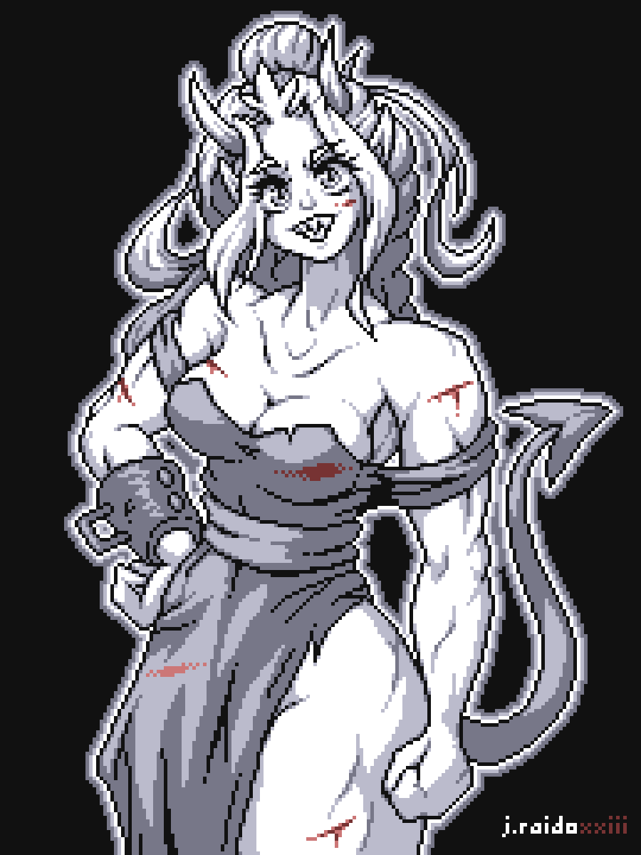 1girl, artist_name, bare_shoulders, biceps, black_background, blood, breasts, chain, chain_around_arm, chained, cleavage, commentary, demon_boy, demon_girl, demon_horns, demon_tail, dress, english_commentary, greyscale, grin, hand_on_own_hip, highres, horns, injury, j.raido, large_breasts, long_hair, looking_at_viewer, monochrome, muscular, muscular_female, off-shoulder_dress, off_shoulder, pixel_art, pointy_ears, princess, princess_(slay_the_princess), scar, sharp_teeth, simple_background, slay_the_princess, smile, solo, sprite, standing, tail, tall_female, teeth, the_adversary_(slay_the_princess), thick_thighs, thighs, toned