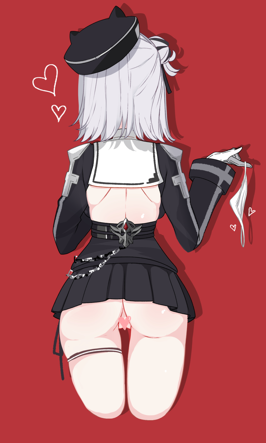 1girl, absurdres, ass, azur_lane, black_dress, black_headwear, black_skirt, censored, chain, commentary, cropped_legs, dress, from_behind, gloves, hair_bun, hands_up, heart, heart_censor, highres, holding, holding_unworn_clothes, holding_panties, holding_underwear, jade_(azur_lane), londom_(lonhomewell), miniskirt, no_panties, panties, pleated_skirt, red_background, short_hair, simple_background, skirt, solo, thigh_strap, tilted_headwear, underwear, unworn_panties, white_gloves, white_hair, white_panties