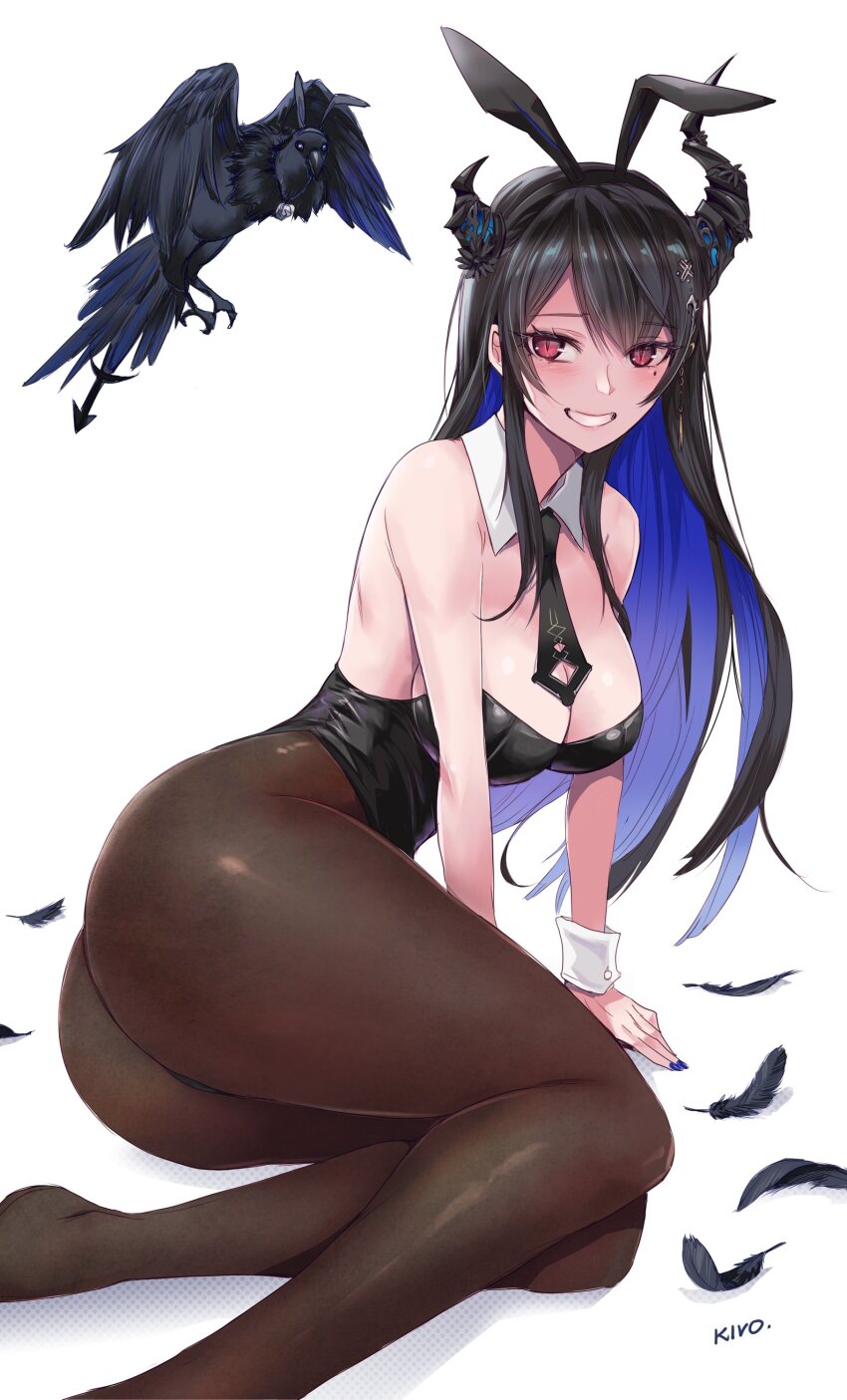 1girl, absurdres, animal_ears, ass, asymmetrical_horns, black_feathers, black_leotard, black_nails