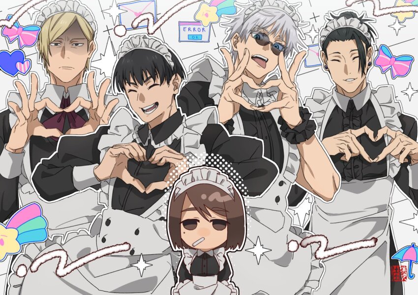 1girl, 4boys, ^_^, apron, black_dress, black_eyes, black_hair, blonde_hair