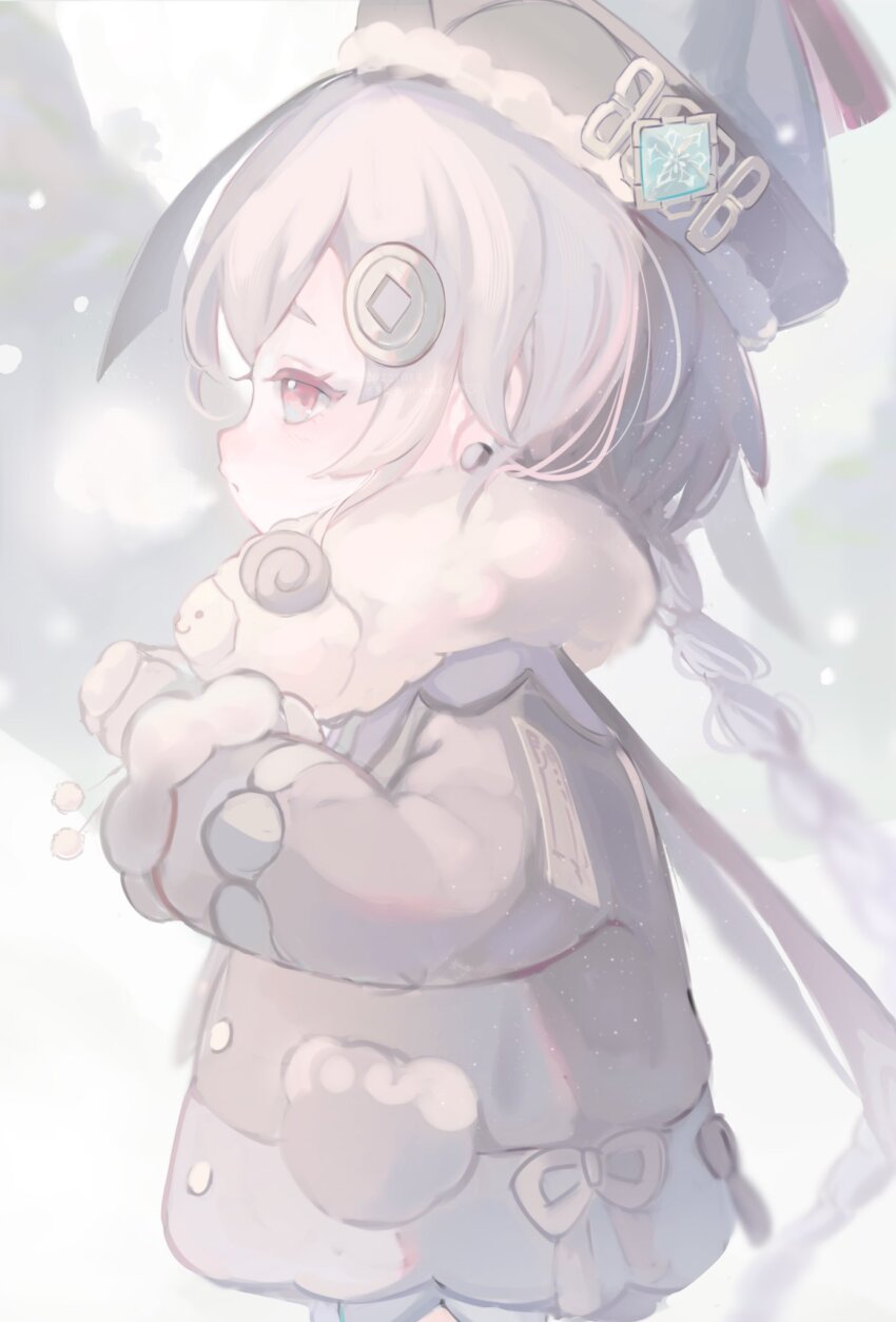 1girl, adapted_costume, animal_scarf, blurry, blurry_background, blush, braid, braided_ponytail
