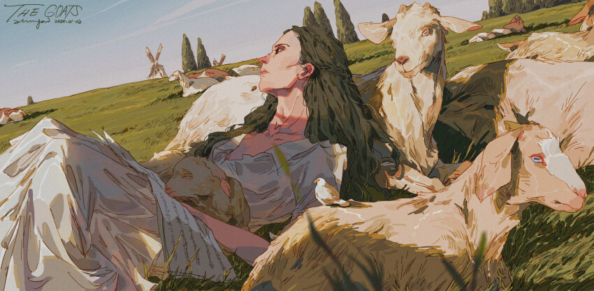 1girl, absurdres, animal, animal_on_stomach, artist_name, bird, black_eyes, black_hair, blade_of_grass, blue_eyes, blue_sky, blush, braid, closed_mouth, commentary, crown_braid, cuddling_animal, dated, dress, ear_blush, english_commentary, english_text, feet_out_of_frame, from_side, frown, goat, grass, green_hair, highres, hill, holding, holding_animal, horizontal_pupils, landscape, long_hair, lying, mouth_blush, nose_blush, on_back, original, outdoors, sheet_music, sitting_on_animal, sky, white_bird, white_dress, windmill, xi_zhang