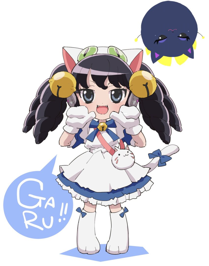 1girl, :d, animal_hands, animal_hat, apron, bag, bell, black_hair