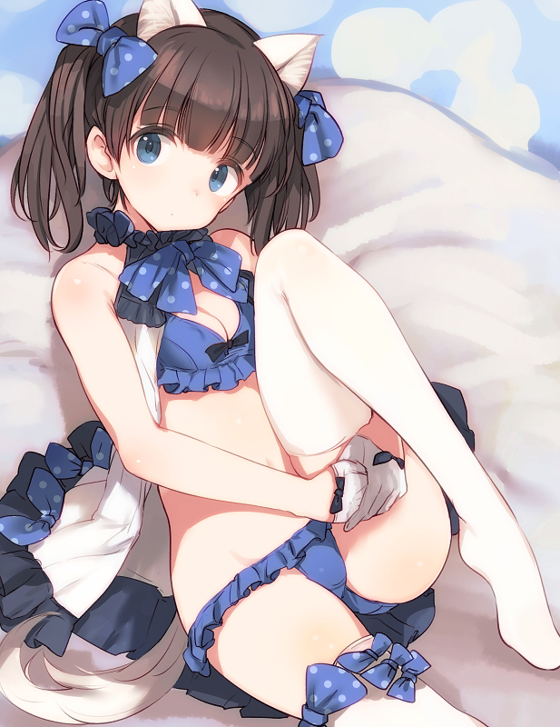 1girl, animal_ears, bed_sheet, black_hair, blue_bow, blue_bowtie, blue_bra, blue_eyes