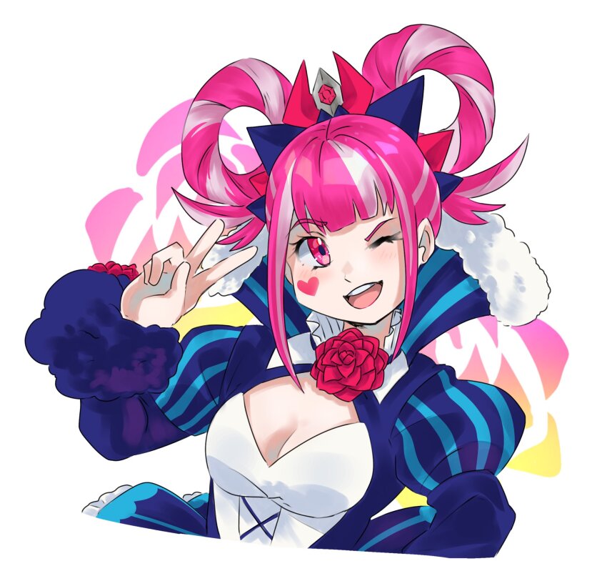 1girl, cross-laced_clothes, cross-laced_dress, dress, facial_mark, fire_emblem, fire_emblem_engage, flower, folded_twintails, fur_trim, gcastelini, hair_flaps, hair_rings, heart, heart_facial_mark, highres, hortensia_(fire_emblem), looking_at_viewer, nintendo, red_flower, red_rose, rose, solo, striped_clothes, striped_dress, teeth, upper_body, upper_teeth_only, v, vertical-striped_clothes, vertical-striped_dress